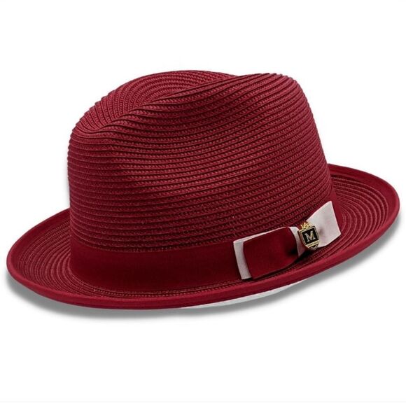 MONTIQUE MEN'S BURGUNDY WITH WHITE BOTTOM BRAIDED STINGY BRIM PINCH FEDORA HAT. - Picture 1 of 6